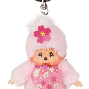 Pink Monchhichi Plush Keychain with Floral Design